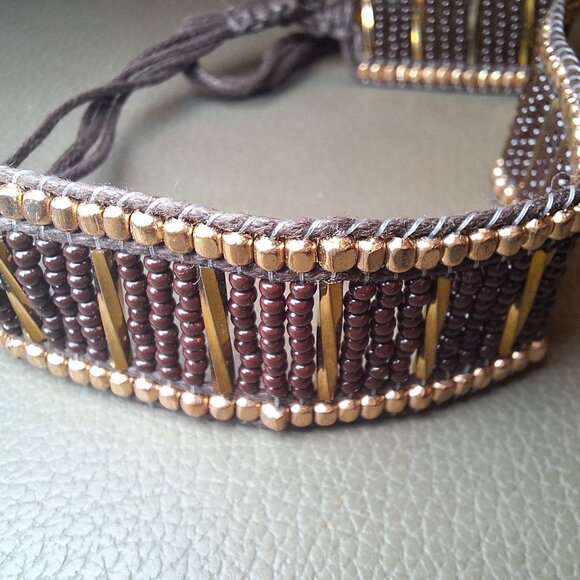 Handcrafted Brown Beaded Bracelet With Gold & Bronze Accents Adjustable Strap Ha - Picture 4 of 10